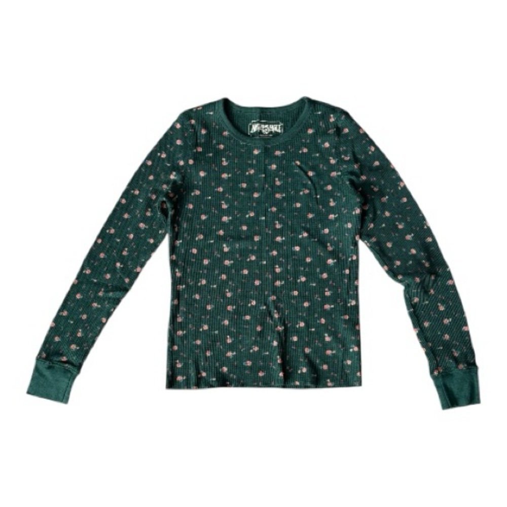 American Eagle Green Floral Waffle Knit Thermal Top Size S